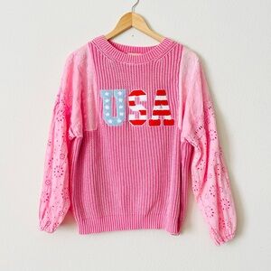Judith March SMALL USA pink knit and crochet sleeve sweater